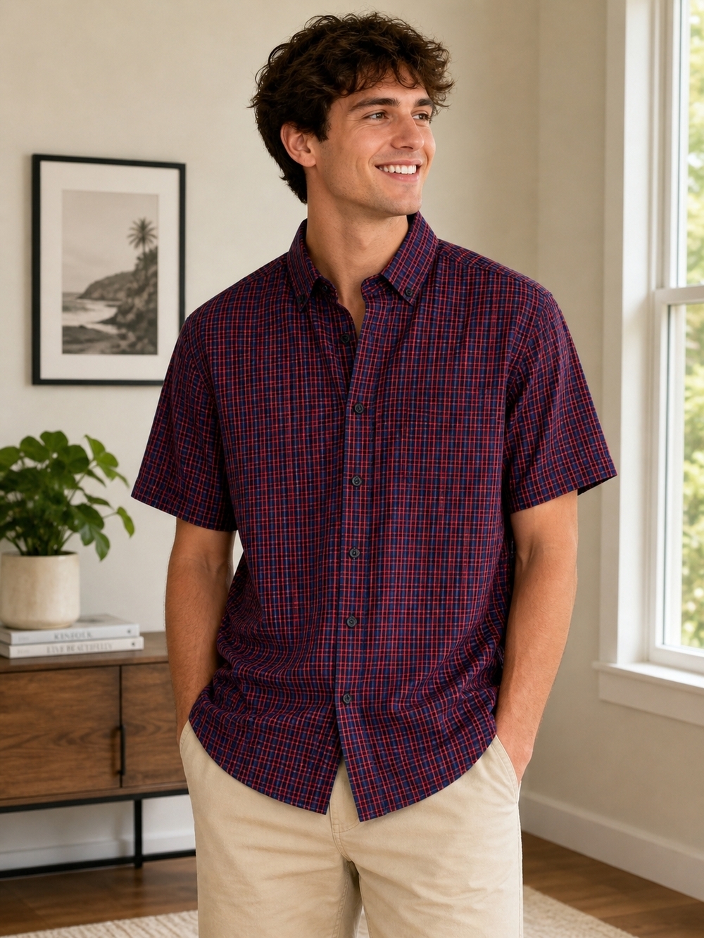 Beverly Hills Polo Club Men's Short-Sleeve Plaid Button-Down Shirt - Navy/Red